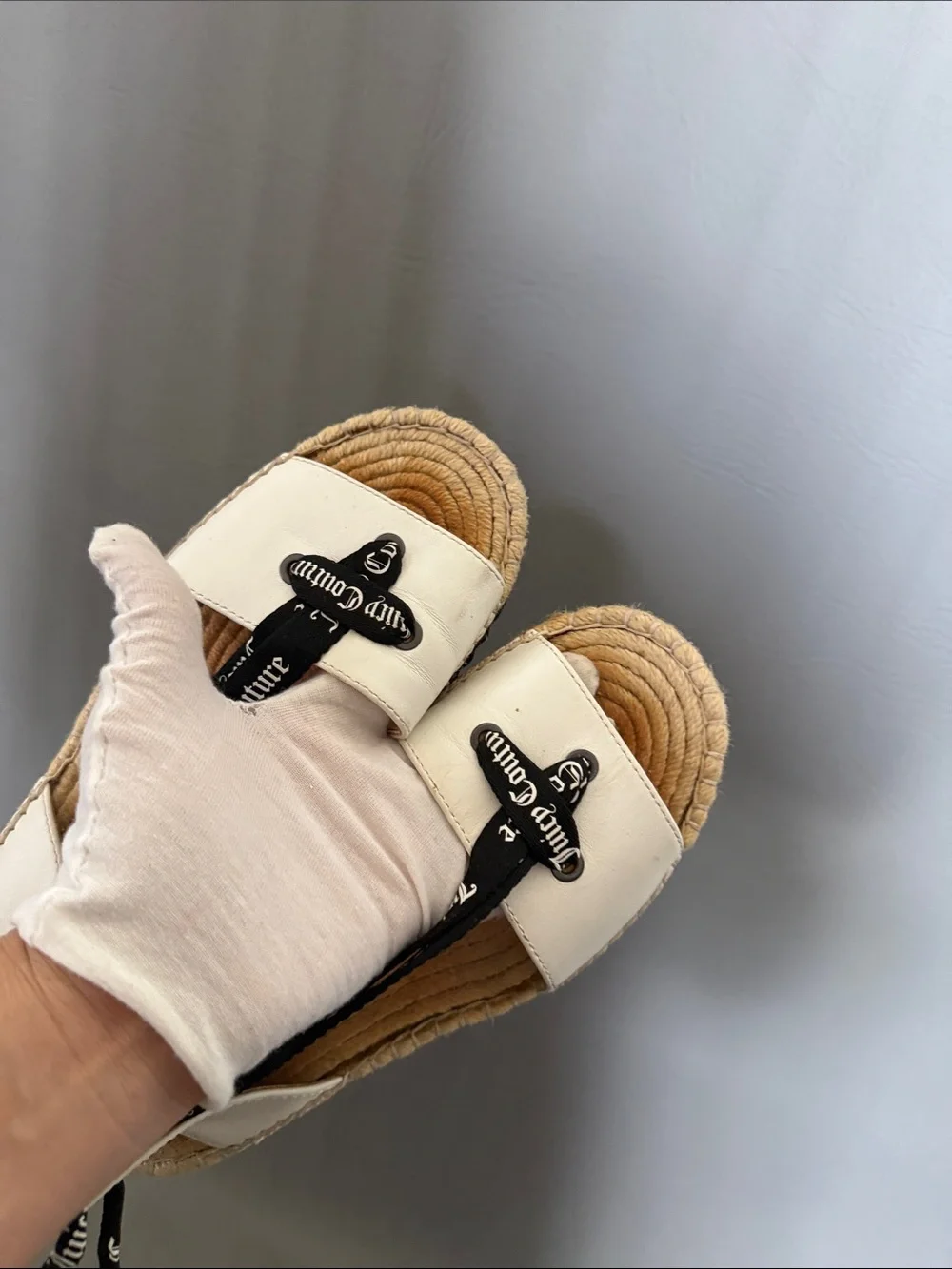 Juicy Couture Fay Lace Up Espadrille Sandals White Black Logo FLAWED GEM Size 8